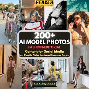Puede incluir: Un collage de imágenes de moda, con personas en diversas poses y atuendos. El texto central dice "200+ AI MODEL PHOTOS" y "Fashion-Editorial". Otras imágenes muestran personas en diferentes entornos.
