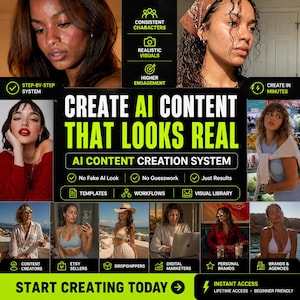 Op de afbeelding: Promotionele afbeelding met de tekst "CREATE AI CONTENT THAT LOOKS REAL". De afbeelding bevat meerdere foto's van vrouwen en pictogrammen. De tekst bevat ook "AI CONTENT CREATION SYSTEM" en andere gerelateerde zinnen.