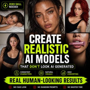 Puede incluir: Un gráfico promocional con el texto "CREA MODELOS DE IA REALISTAS QUE NO PARECEN GENERADOS POR IA". La imagen presenta cuatro retratos de mujeres e iconos de "Personajes consistentes", "Visuales naturales" y "Alta conversión". También está presente el texto "RESULTADOS DE ASPECTO HUMANO REAL".