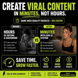 May include: A graphic promoting content creation with the text "CREATE VIRAL CONTENT IN MINUTES, NOT HOURS." It contrasts "HOURS OF EDITING & GUESSWORK" with "MINUTES WITH OUR AI SYSTEM." The image highlights time-saving benefits and increased content output.