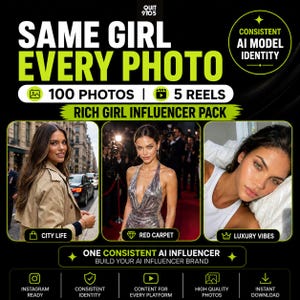 Op de afbeelding: Promotionele afbeelding met de tekst "SAME GIRL EVERY PHOTO" en "100 FOTO'S | 5 REELS". De afbeelding toont drie foto's van een vrouw in verschillende settings: stadsleven, rode loper en luxe vibes. De afbeelding promoot een AI influencer pack.