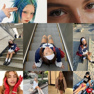 May include: A collage of nine images featuring diverse fashion and lifestyle elements. The images include close-ups of eyes, a person with blue hair and safety pins, and individuals in various settings, including a staircase, an escalator, and a skate park.