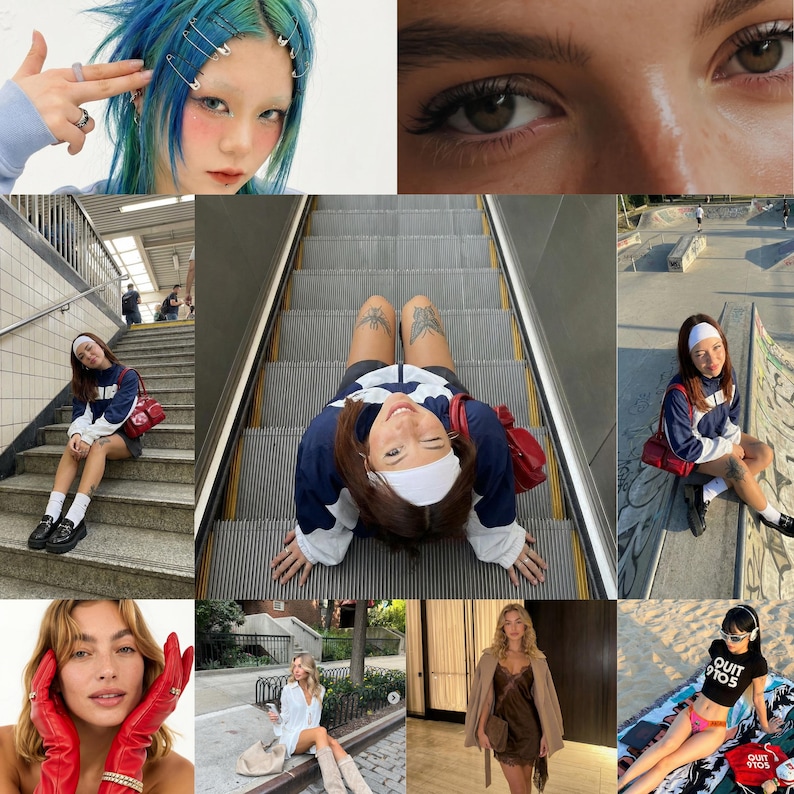 May include: A collage of nine images featuring diverse fashion and lifestyle elements. The images include close-ups of eyes, a person with blue hair and safety pins, and individuals in various settings, including a staircase, an escalator, and a skate park.