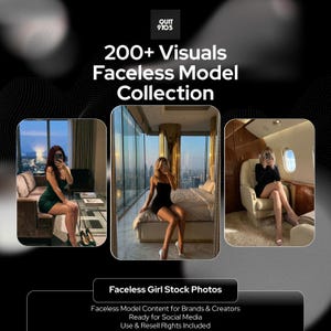 Könnte beinhalten: Werbung mit drei Bildern einer Person in verschiedenen Umgebungen. Der Text lautet "200+ Visuals Faceless Model Collection" und "Faceless Girl Stock Photos". Die Bilder zeigen eine Person in einem grünen Kleid, einem schwarzen Kleid und einem schwarzen Outfit.
