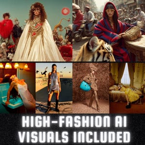 May include: A collage of high-fashion images. The top row features a woman in a white gown with gold embellishments, and a woman in a red and blue striped coat. The bottom row shows a woman in a silver dress, and a woman in a brown suit with a blue handbag. Text reads: HIGH-FASHION AI VISUALS INCLUDED.