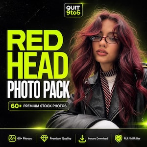 Pode incluir: Imagem promocional para um pacote de fotos com uma mulher ruiva. O texto "RED HEAD PHOTO PACK" é exibido em letras grandes e verde neon. O texto adicional inclui "QUIT 9to5" e "60+ PREMIUM STOCK PHOTOS".
