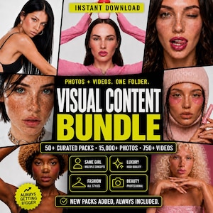 Puede incluir: Un paquete de contenido visual digital que presenta un collage de diversos retratos, incluyendo personas con pecas, gorros de punto rosa y varias estéticas. El texto dice INSTANT DOWNLOAD, VISUAL CONTENT BUNDLE y 50+ CURATED PACKS.