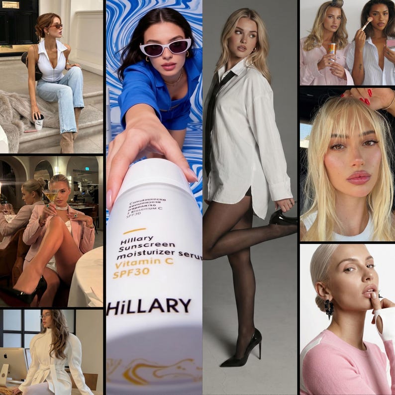 May include: A collage of images featuring women in various settings. One woman is wearing a white top and jeans, another is holding a bottle of Hillary sunscreen, and others are in stylish outfits. The images showcase fashion and beauty.