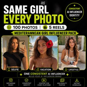 May include: Promotional graphic with the text "SAME GIRL EVERY PHOTO" and "MEDITERRANEAN GIRL INFLUENCER PACK." The graphic includes three photos of a woman in different settings, along with icons and text promoting content for social media.