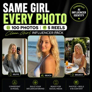 May include: Promotional graphic with the text "SAME GIRL EVERY PHOTO" and "100 PHOTOS | 5 REELS". The image features three photos of a woman in different settings: taking a selfie, at the beach, and at brunch. The graphic promotes a "Clean Girl INFLUENCER PACK".
