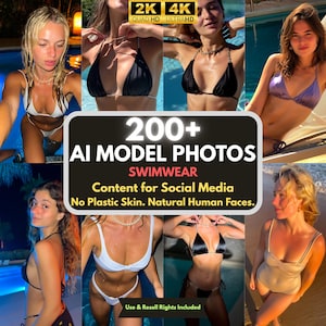 Puede incluir: Un collage de imágenes con mujeres en trajes de baño. Las imágenes incluyen varios estilos de bikini en colores como negro, blanco y morado. El texto en la imagen dice "200+ AI MODEL PHOTOS SWIMWEAR Content for Social Media No Plastic Skin. Natural Human Faces."