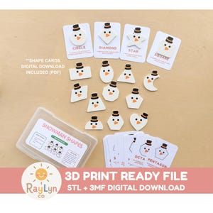 May include: A set of white snowman-themed shape pieces with black hats and orange noses, including cards labeled circle, diamond, star, and square. A clear plastic storage case is included, along with printed instruction cards for this educational activity kit.