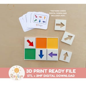 May include: A set of educational game components including a rectangular grid with six colored squares, three white square tiles with cut-out arrows, and a stack of pattern cards. The text reads PATTERN CARDS DIGITAL DOWNLOAD INCLUDED and 3D PRINT READY FILE STL + 3MF DIGITAL DOWNLOAD.