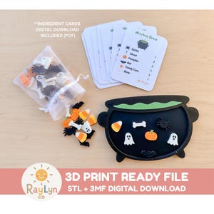May include: A black cauldron-shaped tray with green trim, accompanied by a white mesh bag containing small Halloween-themed tokens including ghosts, pumpkins, spiders, bats, candy corn, and bones, alongside several printed Witches Brew ingredient cards.