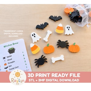 May include: A collection of small Halloween-themed 3D printed figures including black spiders, white ghosts, orange pumpkins, black bats, white bones, and candy corn shapes, alongside a Witches Brew ingredient card and a mesh storage bag.