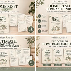 Könnte beinhalten: Eine Sammlung druckbarer Haushaltsplaner von Clover Mallow, darunter Home Reset Mini, Command Centre und Organization Binder. Jedes Set enthält Hausillustrationen, Checklisten und Aufgabenlisten für die Organisation des Zuhauses.