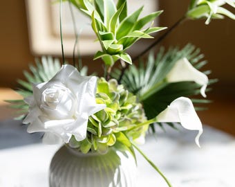 Modern White & Green Faux Floral Arrangement in Ceramic Vase | Real Touch Artificial Flowers | Elegant Table Centerpiece | Luxury Home Decor