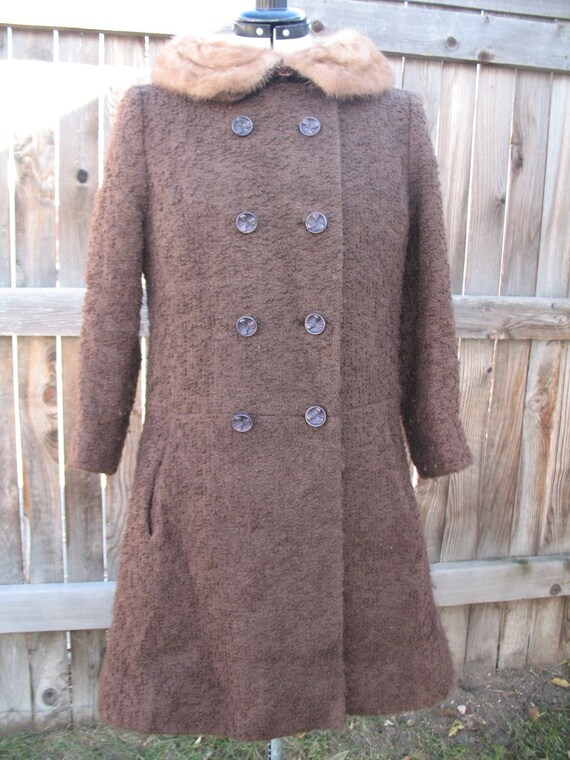 1960s Vintage Chocolate Brown Wool Coat with Mink Co… Gem