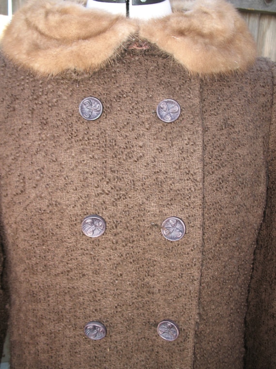 1960s Vintage Chocolate Brown Wool Coat with Mink Co… Gem