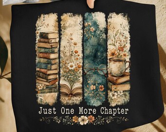 Just One More Chapter PNG, Vintage Book Lover PNG, Cozy Reading Aesthetic, Floral Books Stack, Bookish Gift, Librarian Reader PNG.