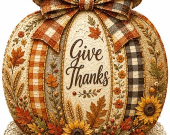 Give Thanks Pumpkin PNG, Thanksgiving Pumpkin Clipart, Rustic Fall Harvest Sublimation Design, Autumn Decor Digital Download