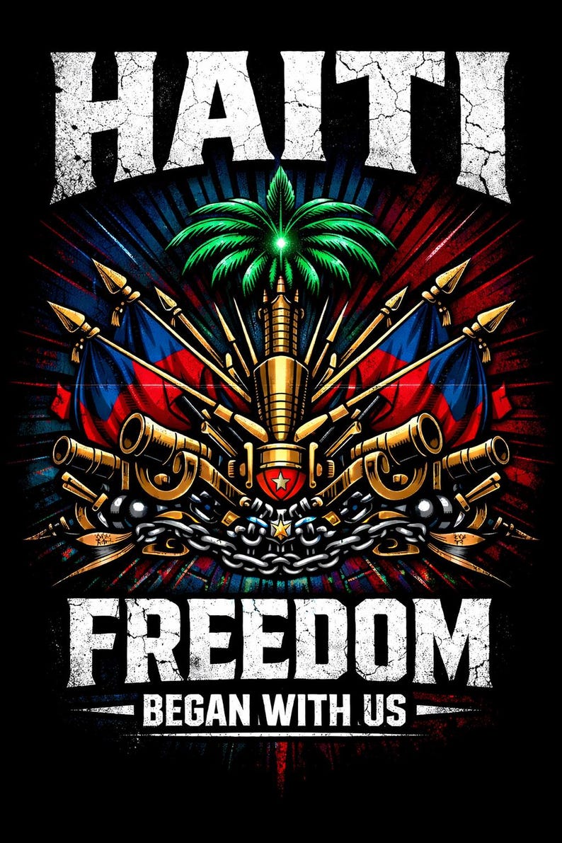May include: A graphic design featuring the word "HAITI" in distressed white text above a central emblem. The emblem includes a palm tree, flags, cannons, and the word "FREEDOM" with "BEGAN WITH US" below, all on a black background.