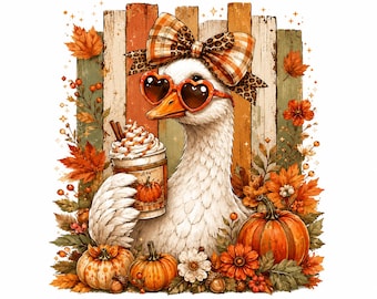 Fall Goose PNG, Cute Autumn Goose With Pumpkin Spice Latte Clipart, Coquette Goose Sublimation Design Digital Download
