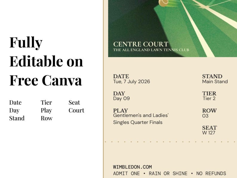 Editable Wimbledon-style Ticket Template — the Ultimate Gift for Tennis ...
