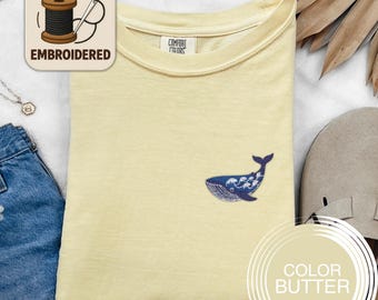 Embroidered Whale Shirt, Ocean Wave Embroidery Tee, Minimal Whale Lover Shirt, Cute Coastal Top, Sea Lover Gift, Marine Animal Embroidery