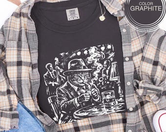 Camiseta vintage de gato negro, ropa estética de gato de bar de jazz oscuro, sudadera con capucha de estilo retro melancólico, regalo único de gato para amantes.