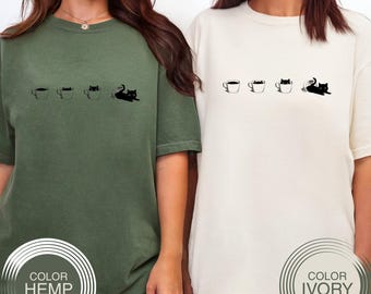 Cat and Coffee Shirt, Cute Minimalist Cat Lover Tee, Coffee Cat Aesthetic T-Shirt, Comfort Colors 1717, Cat Coffee Lover Gift Cute