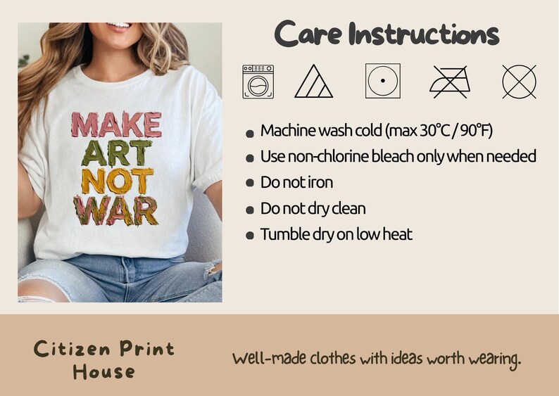 K&ouml;nnte beinhalten: Wei&szlig;es T-Shirt mit dem Text "MAKE ART NOT WAR" in farbenfrohen, strukturierten Buchstaben. Das Shirt enth&auml;lt Pflegehinweise und das Logo von Citizen Print House. Das Shirt ist ein Freizeitartikel.