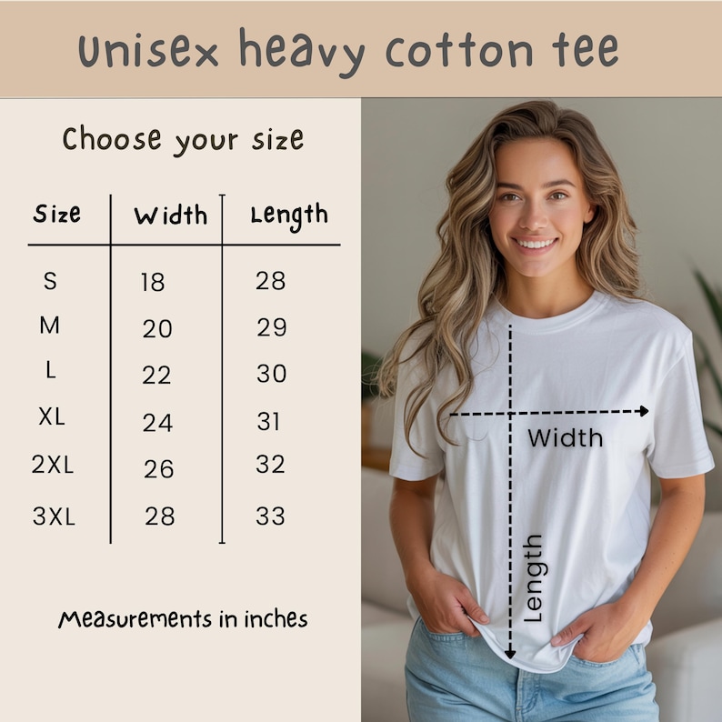 Op de afbeelding: Een wit unisex zwaar katoenen t-shirt wordt in deze afbeelding getoond. De maattabel toont afmetingen in inches, met breedtes vari&euml;rend van 45.7 tot 71.1 cm en lengtes van 71.1 tot 83.8 cm. De tekst "Unisex heavy cotton tee" staat bovenaan.