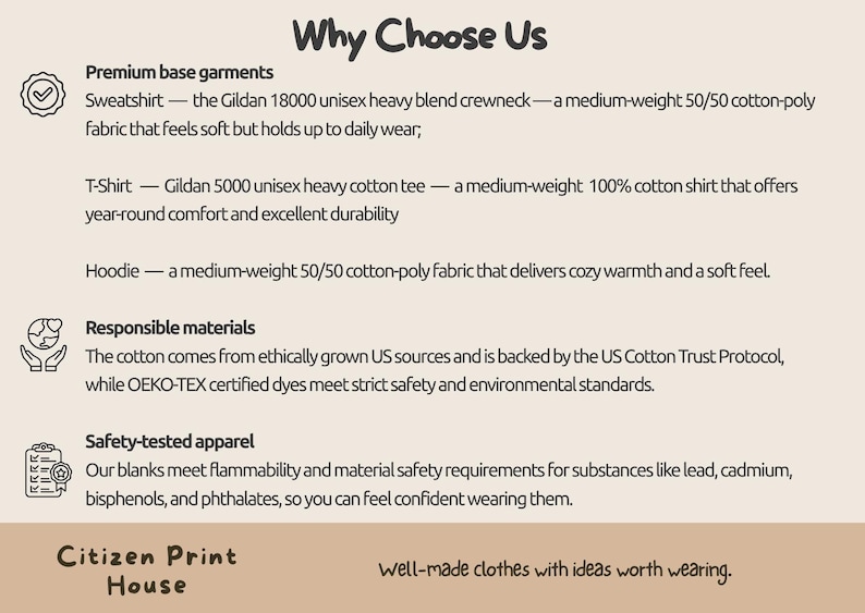 May include: An informational graphic titled Why Choose Us detailing garment specifications for Gildan 18000 sweatshirts, Gildan 5000 t-shirts, and hoodies. It lists material sourcing, OEKO-TEX certified dyes, and safety testing for lead, cadmium, and phthalates.