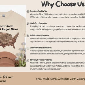 K&ouml;nnte beinhalten: Beiges T-Shirt mit dem Text "United States without Illegal Aliens" und einer Karten-Grafik. Das Shirt wird mit blauen Jeans und einem braunen Hut gezeigt. Das Bild enth&auml;lt auch Text &uuml;ber die Eigenschaften des Shirts.