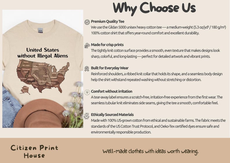 K&ouml;nnte beinhalten: Beiges T-Shirt mit dem Text "United States without Illegal Aliens" und einer Karten-Grafik. Das Shirt wird mit blauen Jeans und einem braunen Hut gezeigt. Das Bild enth&auml;lt auch Text &uuml;ber die Eigenschaften des Shirts.