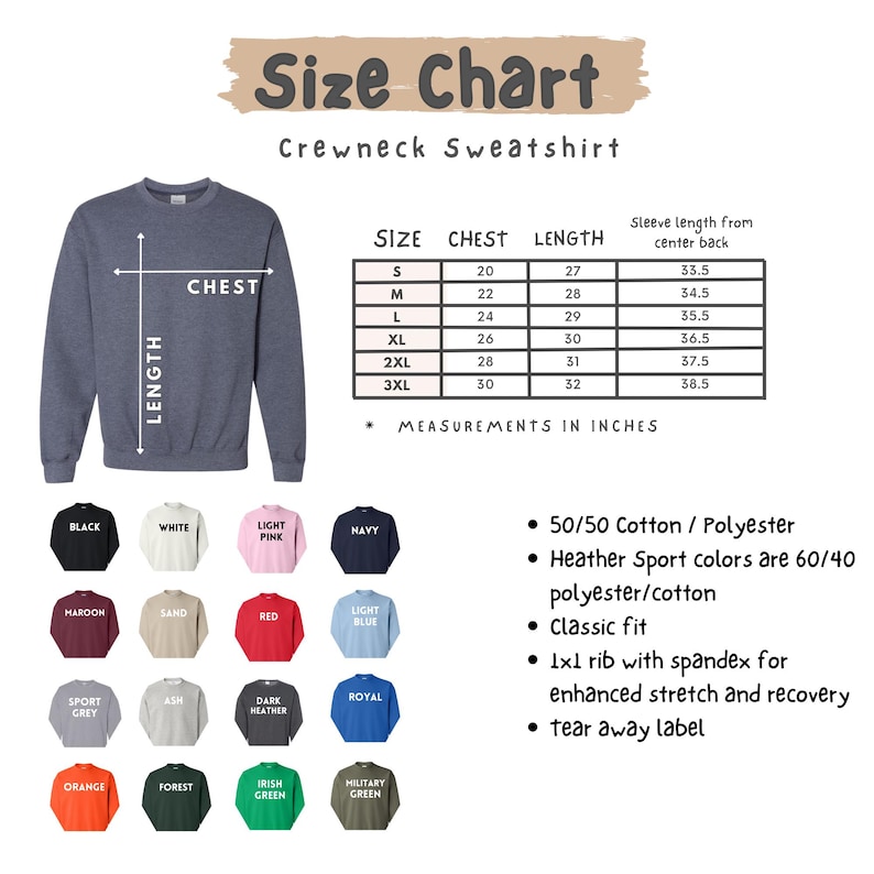 K&ouml;nnte beinhalten: Gr&ouml;&szlig;entabelle f&uuml;r ein Crewneck-Sweatshirt mit Brust- und L&auml;ngenma&szlig;en in Zoll. Die Tabelle umfasst die Gr&ouml;&szlig;en S bis 3XL. Das Bild zeigt auch ein blaues Sweatshirt und eine Farbpalette der verf&uuml;gbaren Farben, darunter Schwarz, Wei&szlig; und Marineblau.