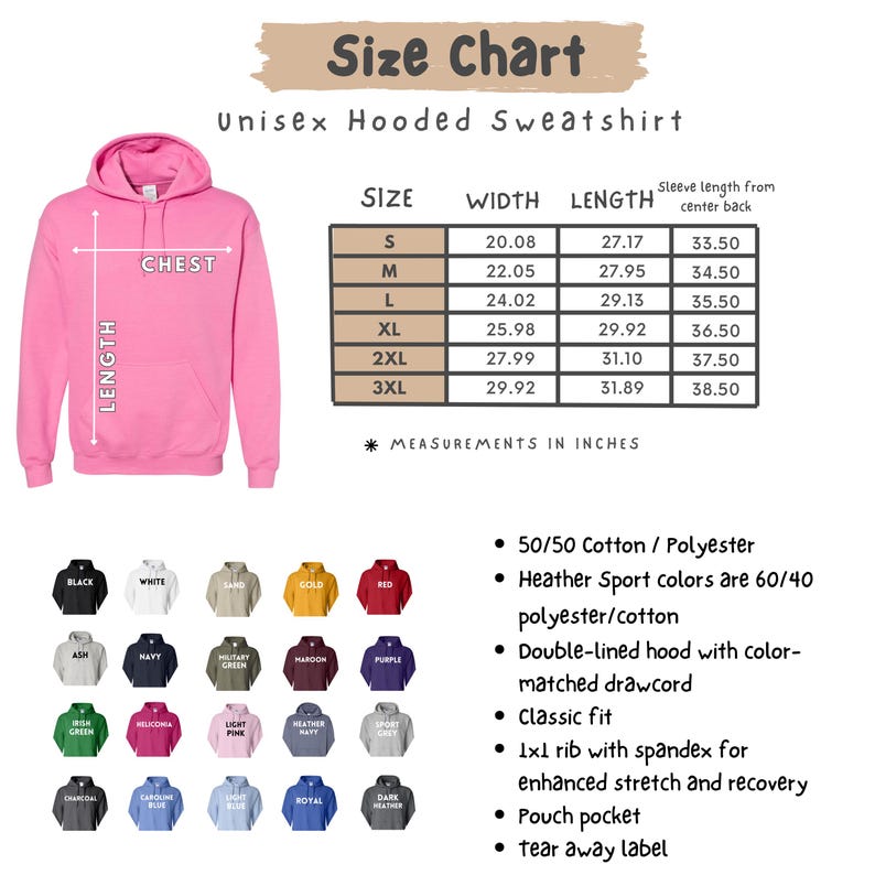 Op de afbeelding: Een roze unisex hoodie met een maattabel. De tabel geeft de afmetingen in inches voor breedte, lengte en mouwlengte. De hoodie heeft een dubbel gevoerde capuchon en een kangoeroezak. Beschikbare kleuren zijn zwart, wit en marineblauw.