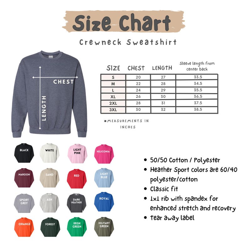 Op de afbeelding: Maattabel voor een crewneck sweatshirt, met afmetingen in inches. De tabel toont borst- en lengtematen voor maten S t/m 3XL. Kleuropties zoals zwart, wit en rood worden weergegeven.