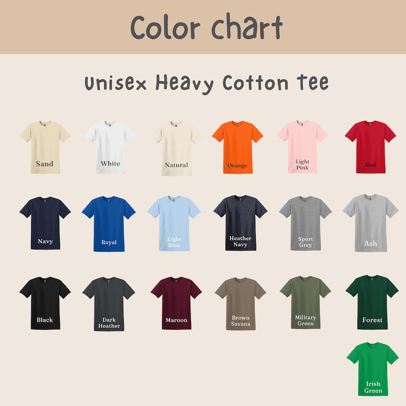 K&ouml;nnte beinhalten: Farbkarte mit Unisex Heavy Cotton T-Shirts. Gezeigte Farben: Sand, Wei&szlig;, Natur, Orange, Hellrosa, Rot, Marine, Royalblau, Hellblau, Heather Navy, Sportgrau, Asch, Schwarz, Dunkelgrau, Bordeaux, Braun Savanne, Milit&auml;rgr&uuml;n, Waldgr&uuml;n und Irischgr&uuml;n.