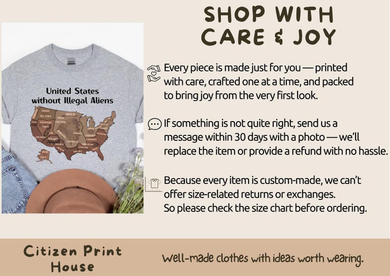 K&ouml;nnte beinhalten: Ein hellgraues T-Shirt mit dem Text "United States without Illegal Aliens" &uuml;ber einer Karte der USA in Braunt&ouml;nen. Das Bild enth&auml;lt auch Informationen &uuml;ber den Shop und seine Richtlinien.