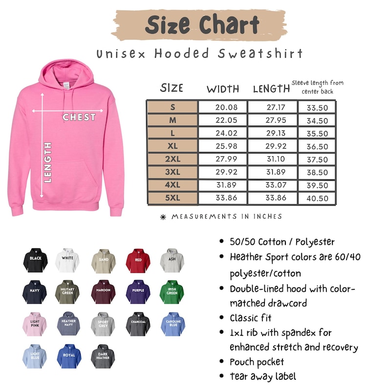 K&ouml;nnte beinhalten: Ein pinkfarbener Unisex-Kapuzenpullover mit Gr&ouml;&szlig;entabelle. Die Tabelle listet die Gr&ouml;&szlig;en S bis 5XL auf, mit Ma&szlig;en in Zoll f&uuml;r Breite, L&auml;nge und &Auml;rmell&auml;nge. Das Bild zeigt auch eine Farbtabelle mit verschiedenen Optionen.