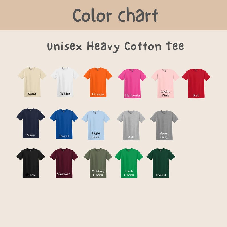 Op de afbeelding: Een kleurenkaart met een verscheidenheid aan unisex heavy cotton t-shirts. Kleuren zijn zand, wit, oranje, helliconia, lichtroze, rood, marine, koninklijk, lichtblauw, as, sportgrijs, zwart, kastanjebruin, legergroen, Iers groen en bos.