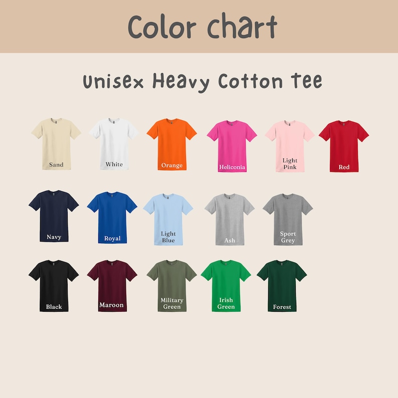 K&ouml;nnte beinhalten: Eine Farbkarte mit verschiedenen Farbt&ouml;nen von Unisex-T-Shirts aus schwerer Baumwolle. Farben sind Sand, Wei&szlig;, Orange, Heliconia, Hellrosa, Rot, Marine, Royal, Hellblau, Asch, Sportgrau, Schwarz, Bordeaux, Milit&auml;rgr&uuml;n, Irischgr&uuml;n und Wald.