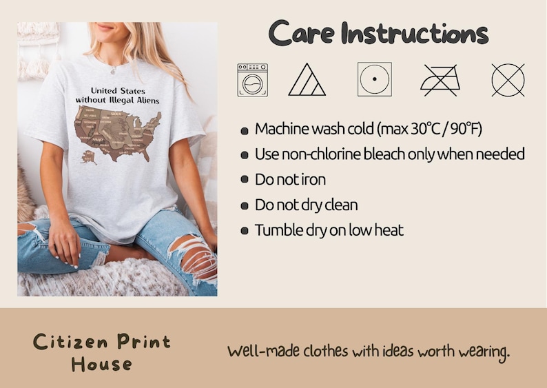 K&ouml;nnte beinhalten: Hellgraues T-Shirt mit dem Text "United States without Illegal Aliens" und einer braunen Karte der USA. Pflegehinweise sind rechts abgebildet. Teil der Citizen Print House Kollektion.