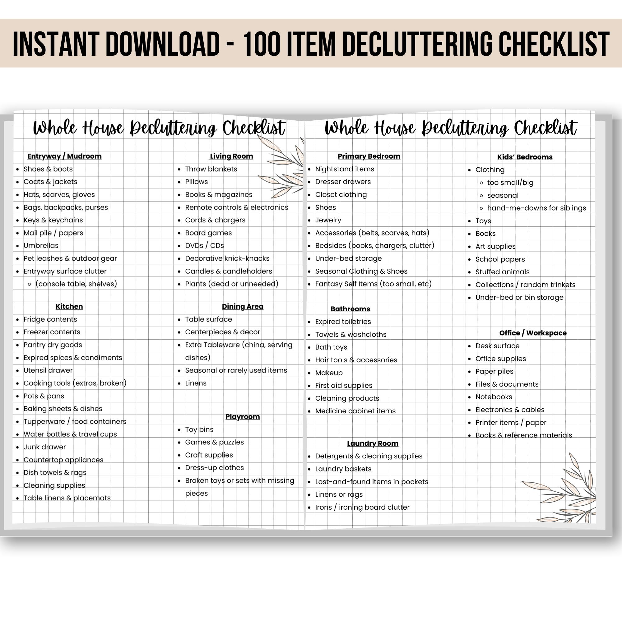Printable Whole House Declutter Guide, 100 Item Home Checklist Digital ...