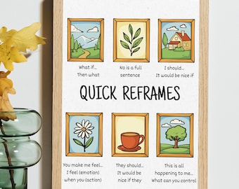 Póster de TCC "Quick Reframes" / Arte mural de terapia cognitivo-conductual (descarga digital)