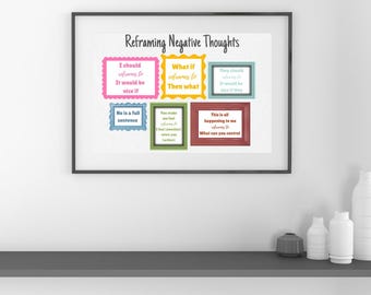 Póster para replantear pensamientos negativos / Arte mural de reestructuración cognitiva basado en la TCC / Descarga digital sobre salud mental