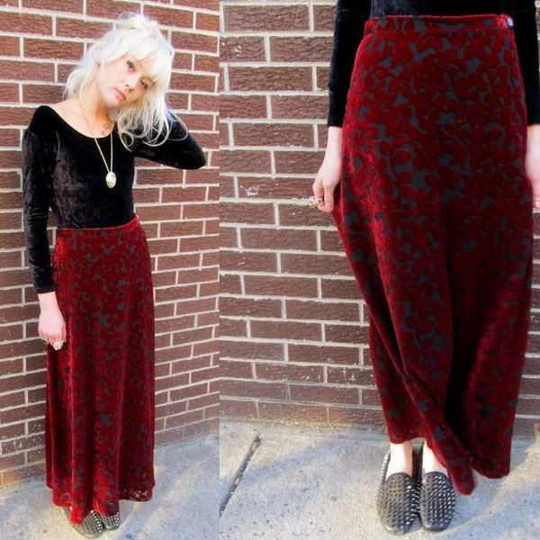 80'S Laura Ashley Red Black BURNOUT Velvet Floral Maxi Skirt Goth