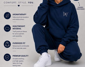 Oversize-Pullover-Hoodie und Jogginghose im Set | Sweatshirt mit gekreuzter Kapuze | Y2K-Style | Hoodie mit Schmetterlingsprint